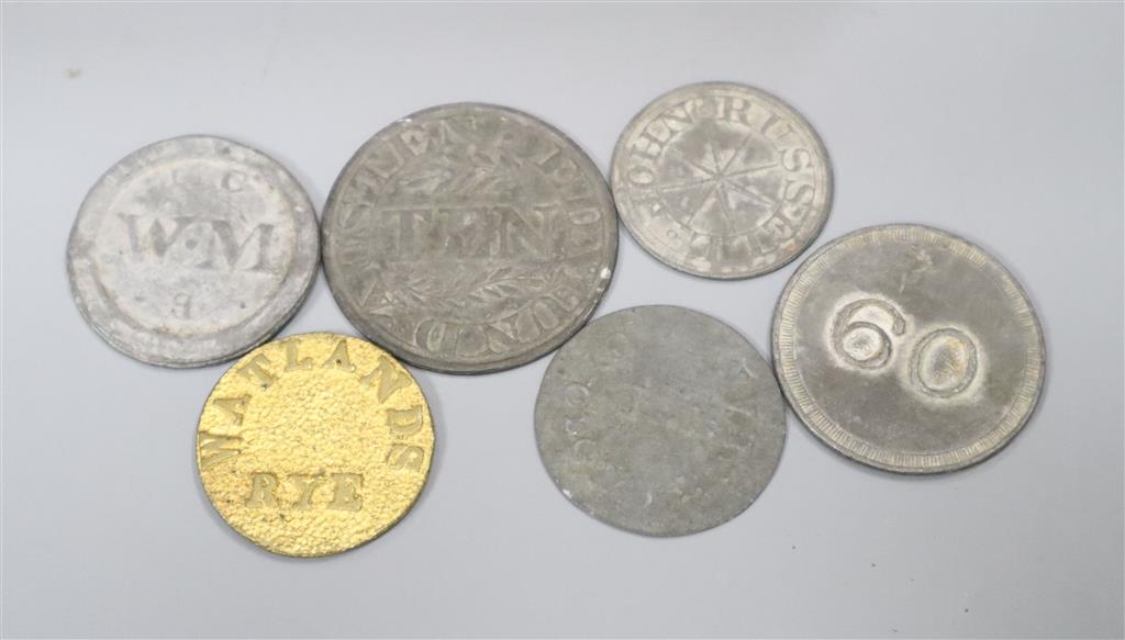 A large collection of 19th century Sussex and Kent hop tokens, approximately 128